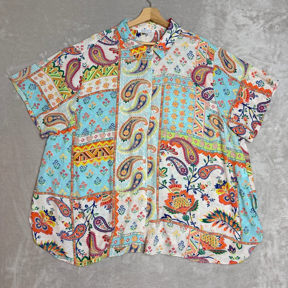 Rose Olive Paisley Patchwork Blouse Women 2X Floral Short Sleeve Boho Button Up